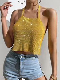 Women's Tanks Sexy Backless Women Top Rhinestones Glitter Crystals Crop Night Club Party Women's Clothes Halter Basic With Open Back