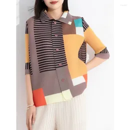 Women's Blouses Colour Block Printed Pleated Shirt For Women Lapel Single Breasted Short Sleevesfashion Tide Tops 2023