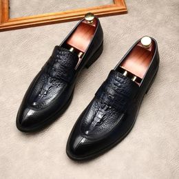Dress Shoes Crocodile Pattern Men Brand Wedding Genuine Leather Pointed Toe Slip On Formal Summer Loafers Black Oxford