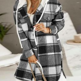 Women's Jackets Female Hooded Jacket Retro Colour Plaid Print Pattern Thick Knitted Mid Length Pockets Split Hem Casual Lady Cardigan