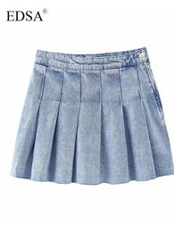 Skirts EDSA Women's Fashion Blue denim Box Pleated miniskirt Summer High Waist Fade Effect Seamless Hem Side Zipper with Metal Buttons 230404