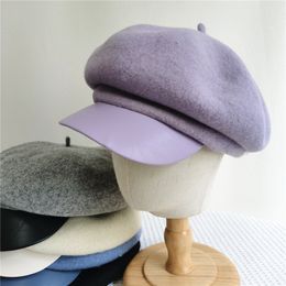 Ball Caps Real Wool Winter Hats for Women PU Leather Brim sboy Fashion Girls Baker Boy Visor Cabbie Beret Paperboy 230404