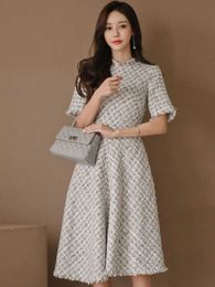 Mode koreanische elegante Midi Tweed Kleid Frauen Chic Casual Plaid Slim Kleid Robe Femme Ladies weibliche Mujer -Party Vestidos