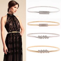 Belts New Silver Gold Metal Belt Double Ring Imitate Rhinestone Lady Waist Belt Dress Suits Elastic Thin Slim Women Belts Waistband Z0404