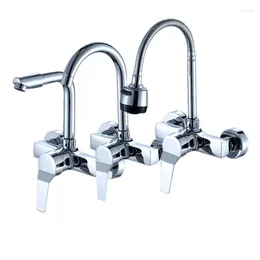 Kitchen Faucets Chrome Sink Faucet Wall Mounted Dual Holes And Cold Water Mixer Tap 360 Degree Swivel Flexible Pipe Stream Sprayer