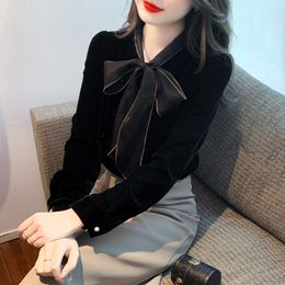 Women's Blouses Casual Blouse Female 2023 Winter Long Sleeve Bow Tie Black Velvet Shirt Women Design Sense Minority Versatile Top