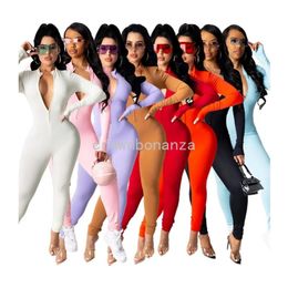 Designer Fall jumpsuits Women Long Sleeve Bodycon Rompers Autumn Winter Solid Zipper Jumpsuits One Piece Overalls Skinny leggings Casual Outfits Streetwear