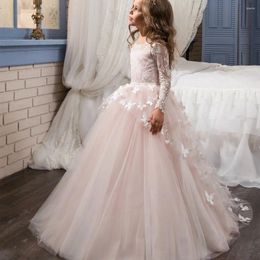 Girl Dresses Pink Ball Gown Baby Flower Appliques Tulle Children Wedding Birthday Party Long Sleeve Gowns