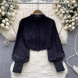 Women's Tanks Backless Women Blouse Fashion O-neck Long Puff Sleeve Lace Up Soild Shirts Summer Versatile Lapel Single Tops Drop