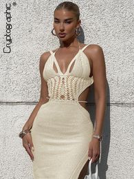 Casual Dresses Cryptographic Knitted Cut Out Halter Sexy Backless Summer Beach Dress for Women Elegant Outfits Bandage Slit Bodycon 230403