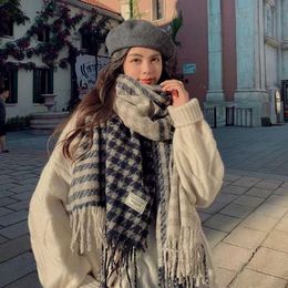 Autumn Winter Korean Edition Trendy Tassel Scarf Black and White Plaid Elegant Lengthened, Widened, Warm, Protection Neck