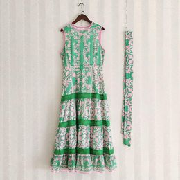 Casual Dresses Cotton Linen Ethnic Style Printed Sleeveless Tank Lace Patchwork O-neck Women Long Dress 2023 Summer Holiday B344