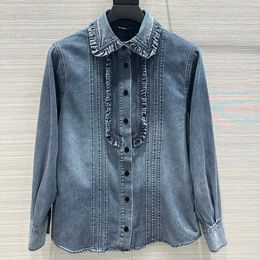 2023 Autumn Blue Solid Color Blouse Shirt Long Sleeve Lapel Neck Buttons Single-Breasted Top Shirts Z3G312119