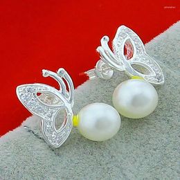 Stud Earrings 925 Sterling Silver Butterfly Shape With White Pearl Women Wedding Party Gift Accessories Fashion Jewellery