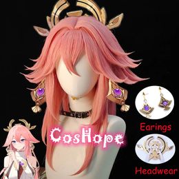 Theme Costume Genshin Impact Yae Miko role-playing wig Women's 85cm long pink anime Heat resistant synthetic Halloween 230404