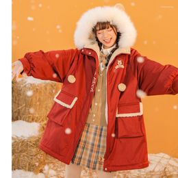 Women's Trench Coats Winter Thick Warm Women Down Jacket Big Fur Collar Parka Kawaii Harajuku Female Oversized Hooded Print Christmas Red