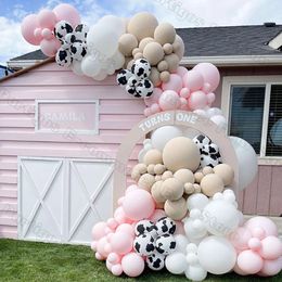 Other Event Party Supplies 139Pcs Cow Farmland Theme Pink white Khaki Balloon Garland 12inch Printed Balloons for Farm Birthday Decorations 230404