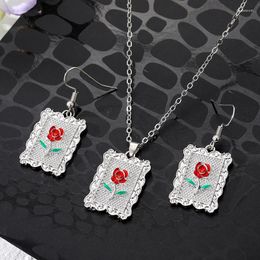 Pendant Necklaces Metal Vintage Square Rose Flower Necklace Women Enamel Simple Plant Earring Sweater Clavicle Chain Party Wedding Jewellery