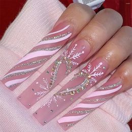 False Nails 24pcs/set Fake For Christmas With Heart Rhinestones Long French Coffin Tips Faux Ongles Press On Nail Art Supplies