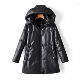 Women's Leather Winter PU Jacket Hooded Cotton Padded Coat Streetwear Zipper Straight Loose Thick Warm Lady Outerwear Long Tops