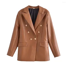 Women's Suits Women Fashion With Buttoned Faux Leather Blazer Coat Vintage Long Sleeve Flap Pockets Female Veste Femme