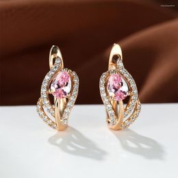 Stud Earrings Temperament Delicate Gold Color Leaf Shaped Sparkling Pink Zircon Design For Women Elegant Wedding Engagement Jewelry