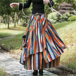 Skirts Clothes 2023 Autumn Winter Women Cotton And Linen Stripe Skirt Irregular Hem Fashion Vintage A-Line Long Dancing M826