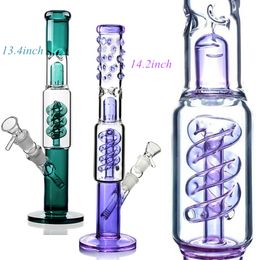 Green Purple Straight Tube Bong Recycler Dab Rig Glass Water Pipes Bubbler Thick Heady Hookah Helix Coil with Downstem and Bowl