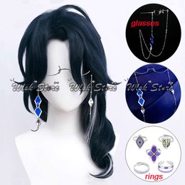 Cosplay Genshin Impact Regrator Cosplay Wig Glasses Rings Pantalone Dark Blue Curly Hair Synthetic Wigs For Halloween Party