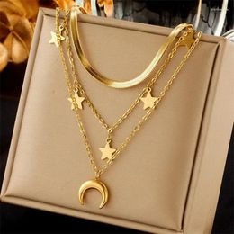 Choker European And American Fashion Three-layer Stainless Steel Chain Star Moon Glossy Pendant Retro Niche Versatile Necklace