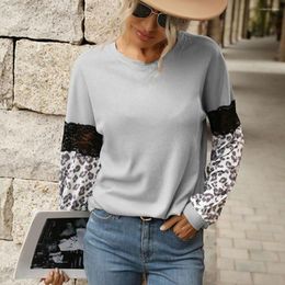 Women's Blouses Patchwork Casual Spring Blouse Leopard Print Round Neck Women Top Soft Long Sleeves Lace Lady Women's Clothing For