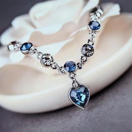 Strand Beaded Strands LoveLink Classic Ocean Heart Blue Crystal Bracelet For Women Alloy Fashion Simple Metal Love Valentine's Day Gift