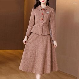 Work Dresses Korean Two Piece Suit Skirt Women Autumn And Winter 2023 Ladies Fashion Elegant Slim Jacket Woolen Set Outfit M1535