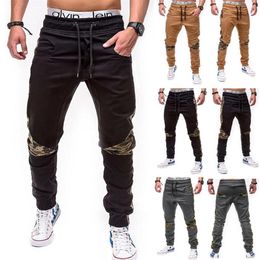 Camouflage Stitching Trousers Solid color Cotton Casual Harem Pants Mens Slim fit Joggers Sweats Khaki Gray Black2322