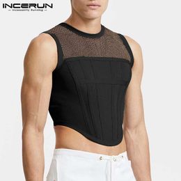 Men's Tank Tops 2023 Mesh Patchwork Round Neck Streetwear Sleeveless See Through Vests Sexy Party Nightclub Crop INCERUN 230403