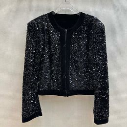 2023 Autumn Blue Solid Colour Jacket Long Sleeve Round Neck Sequins Classic Jackets Coat Short Outwear Z3G312170