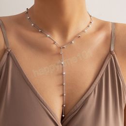 Fashion Rhinestone Chain Short Collar Necklaces Women Sexy Long Tassel Front Chest Chain Necklace Wedding Party Jewelry Gifts