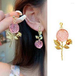 Hoop Earrings France Vintage Rose Asymmetric Punk Women's Pink Charm Flower Accessories Party Jewellery Gifts Pendientes