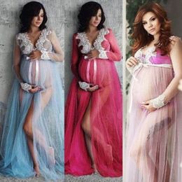 Maternity Dresses 3 Colors Pography Po Shoot Pregnant Women Long Sleeve Lace Dress Maxi Gown Pregnancy Clothes 230404