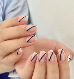 False Nails 24pcs Blue Lines Nail Patch Glue Type Removable Short Paragraph Fashion Manicure Save Time DL