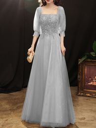 Mother of the Bride Dresses 2023 Latest Silver Grey Party Dresses Prom Gowns Tulle with Applique Sequins Three Quarter Sleeves