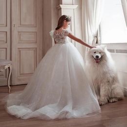 Girl Dresses Flower Dress White Fluffy Tulle Sequin Applique Wedding Elegant Child First Piece Communion Party Gift