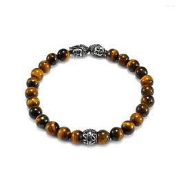 Strand National Style Retro Tradition Jewellery Men Buddha Head Lucky Tiger's Eye Stone Blue Beaded Bracelet 22CM