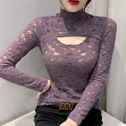 Women's Blouses 2023 Spring Women Blouse Fashion Long Sleeve Lace Tops Slim Half High Neck Casual Hollow Out Shirt