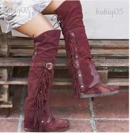 Fashion Bohemia Knee-length Women Ethnic Personality High Tassels Faux Suede Boots Girl Flat Bottom Long Botas Mujer T231104