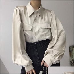 Women'S Blouses Shirts Womens Single Breasted Women Vintage Lantern Sleeve Woman Fashion Turndown Collar Office Work Tops 18159 Dr Dhpno