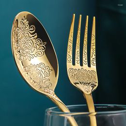 Ensembles de vaisselle Ensemble de couverts en relief Couteau à steak doré et cuillère à fourchette Vaisselle florale de luxe Accessoire de cuisine en acier inoxydable