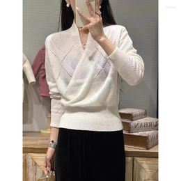 Women's Blouses White Cross Collar Long Sleeve Diamond Chequered Hollow Cashmere Sweater For Women 2023