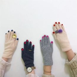 Five Fingers Gloves Japanese Women Funny Nail Pattern Embroidery Winter Warm Thicken Faux Wool Cycling Driving Solid Color Mittens357Z