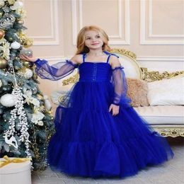 Girl Dresses Flower Dress Royal Blue Fluffy Tulle Decal Beaded Wedding Elegant Child's First Eucharistic Birthday Party